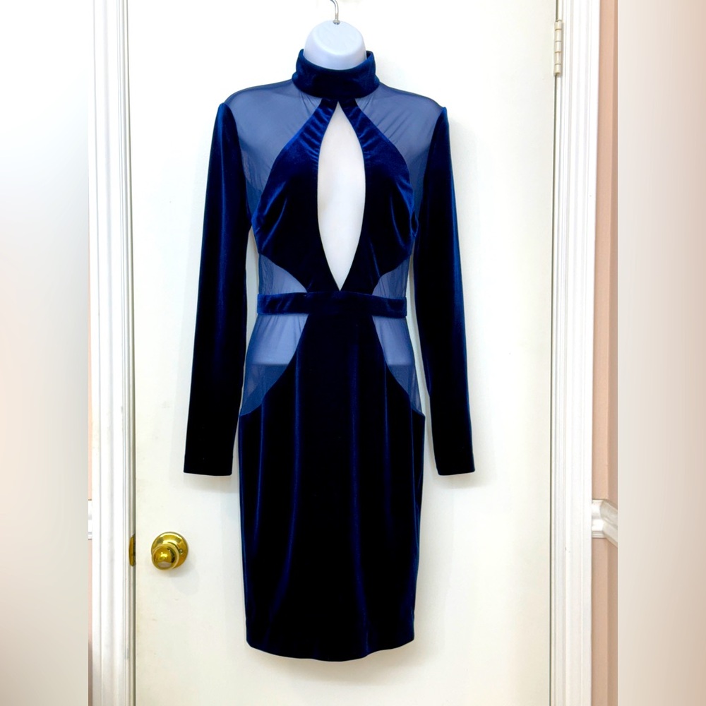 HOUSE OF CB London Blue Davila Velvet Mesh Cutout Bodycon Dress, Size S, NWOT